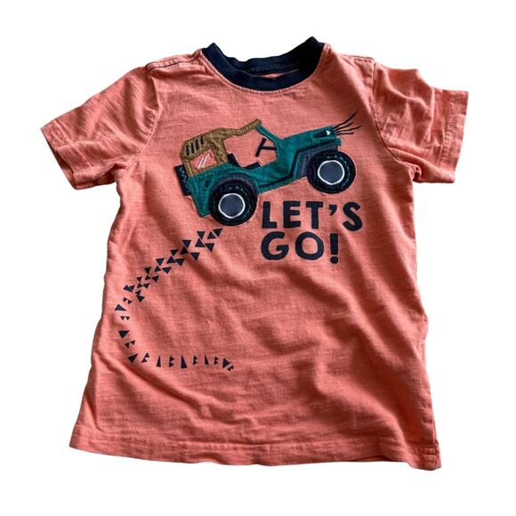Gymboree Boys Tee Sz 4T Teal Jeep Let's Go Tracks Peach Shirt Ringer - Picture 1 of 5